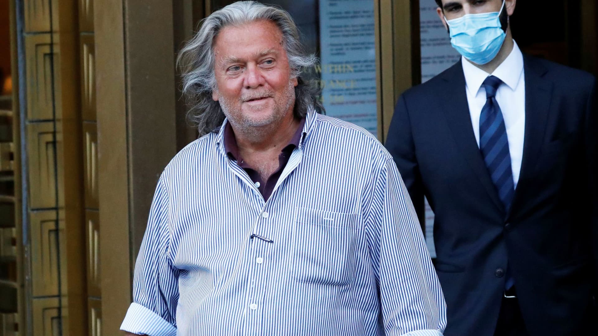 Former White House Chief Strategist Steve Bannon exits the Manhattan Federal Court, following his arraignment hearing for conspiracy to commit wire fraud and conspiracy to commit money laundering, in New York, August 20, 2020.