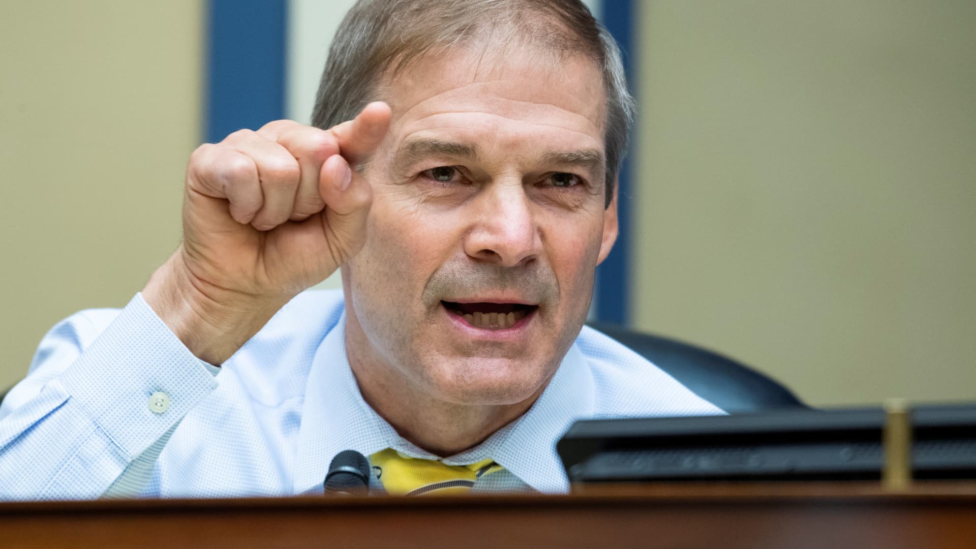 Rep. Jim Jordan questions Postmaster General Louis DeJoy during the House Oversight and Reform Committee hearing in Washington, August 24, 2020.