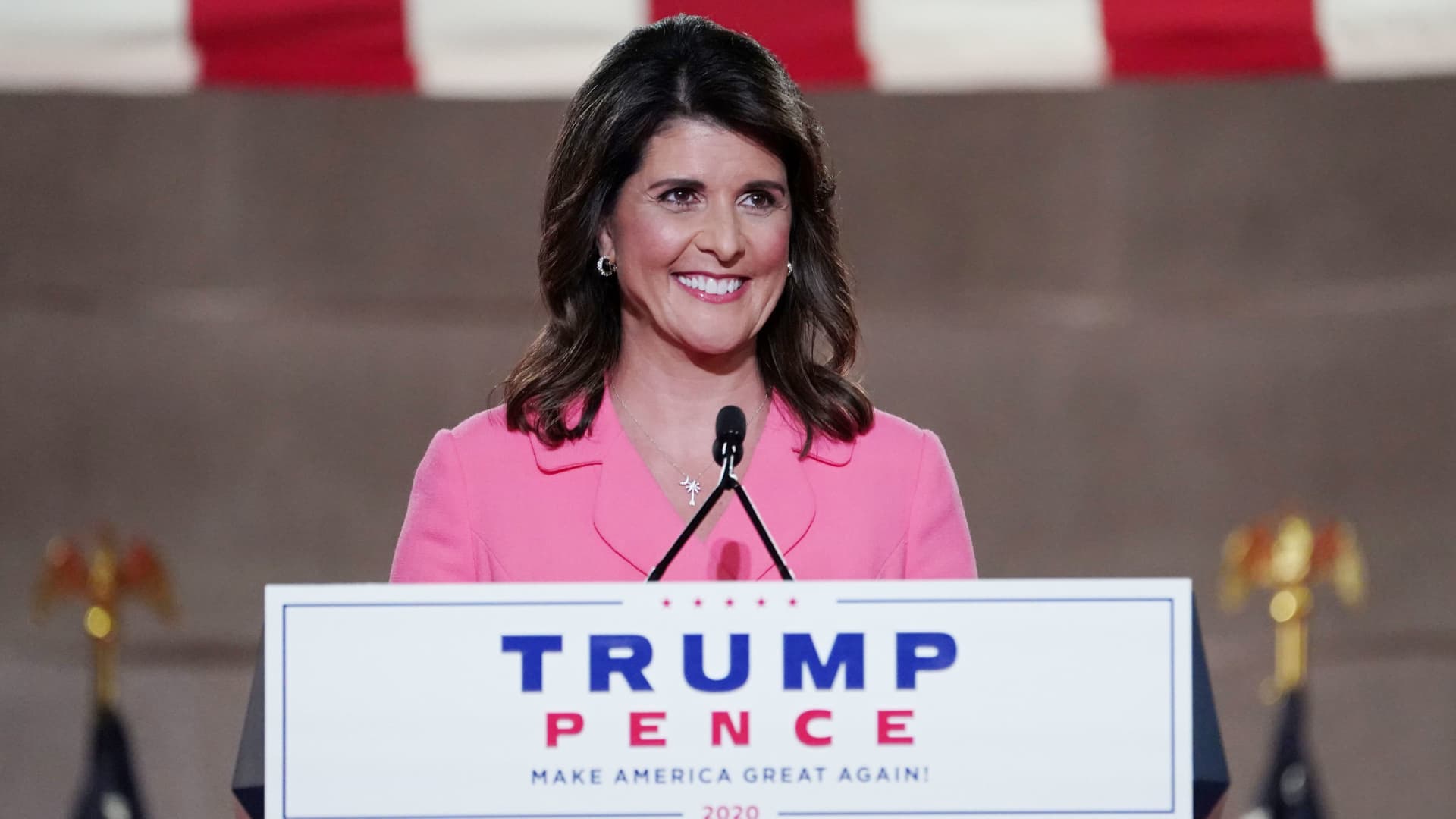 Former U.S. Ambassador to the United Nations Nikki Haley speaks to the largely virtual 2020 Republican National Convention in a live address from the Mellon Auditorium in Washington, U.S., August 24, 2020.
