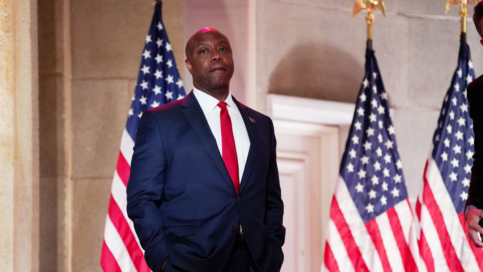 U.S. Senator Tim Scott (R-SC) waits to speak to the largely virtual 2020 Republican National Convention in a live address from the Mellon Auditorium in Washington, U.S., August 24, 2020.