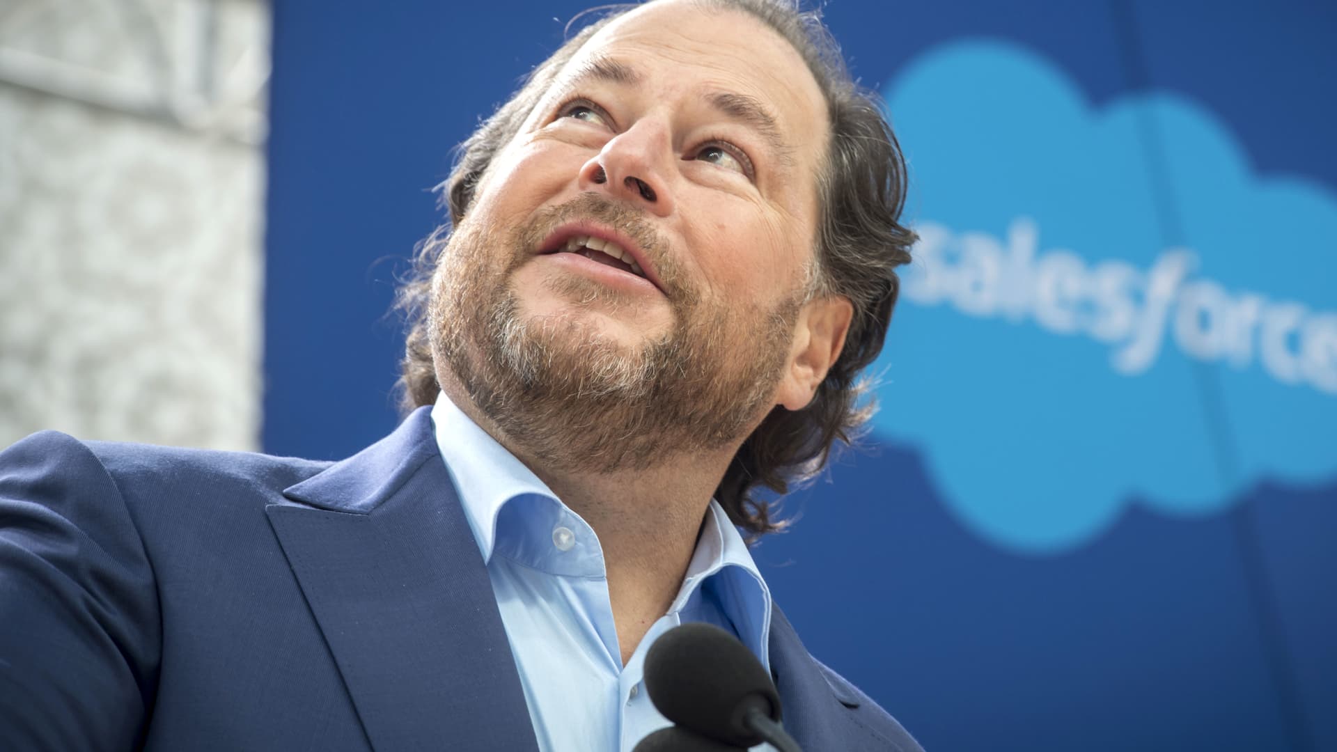 Marc Benioff, chairman and chief executive officer of Salesforce.com speaks during the grand opening ceremonies for the Salesforce Tower in San Francisco on May 22, 2018.