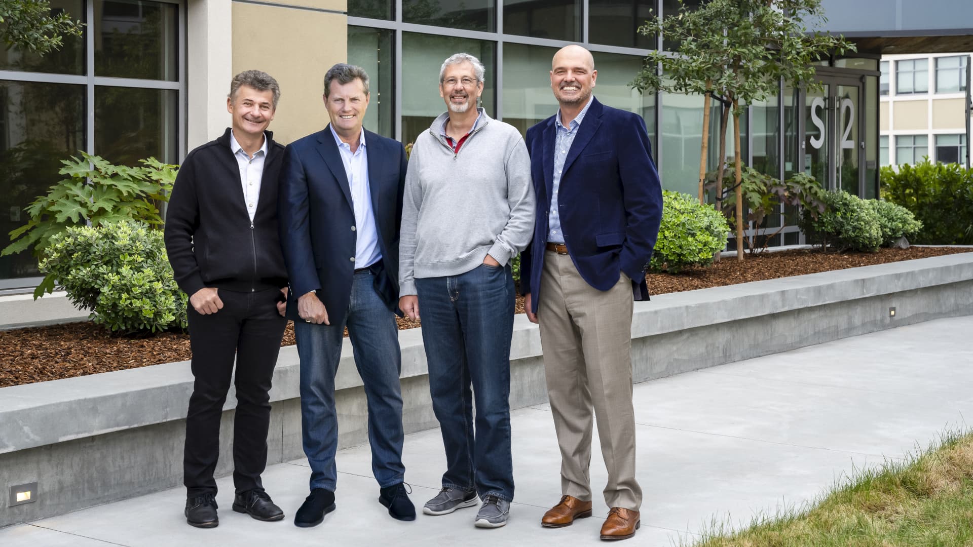Snowflake execs from left to right: co-founder Benoit Dageville, CEO Frank Slootman, co-founder Thierry Cruanes and CFO Mike Scarpelli