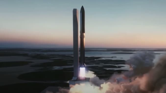 An artist's rendering shows SpaceX's Starship rocket launching on top of its Super Heavy booster.