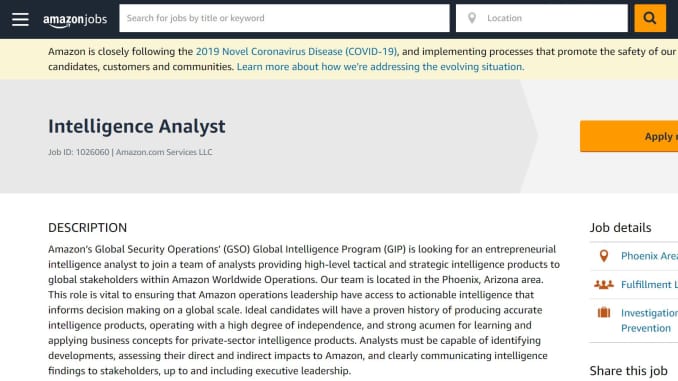 Amazon recently posted two job listings for senior intelligence analysts charged with tracking "labor organizing threats," among other "sensitive topics."