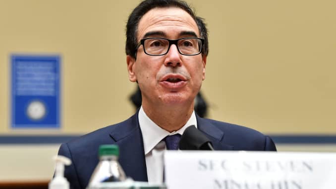 U.S. Treasury Secretary Steve Mnuchin testifies before the?U.S. House Select Subcommittee on the Coronavirus Crisis on the Trump administration's response to country's economic crisis, on the Capitol Hill in Washington, D.C., September 1, 2020.