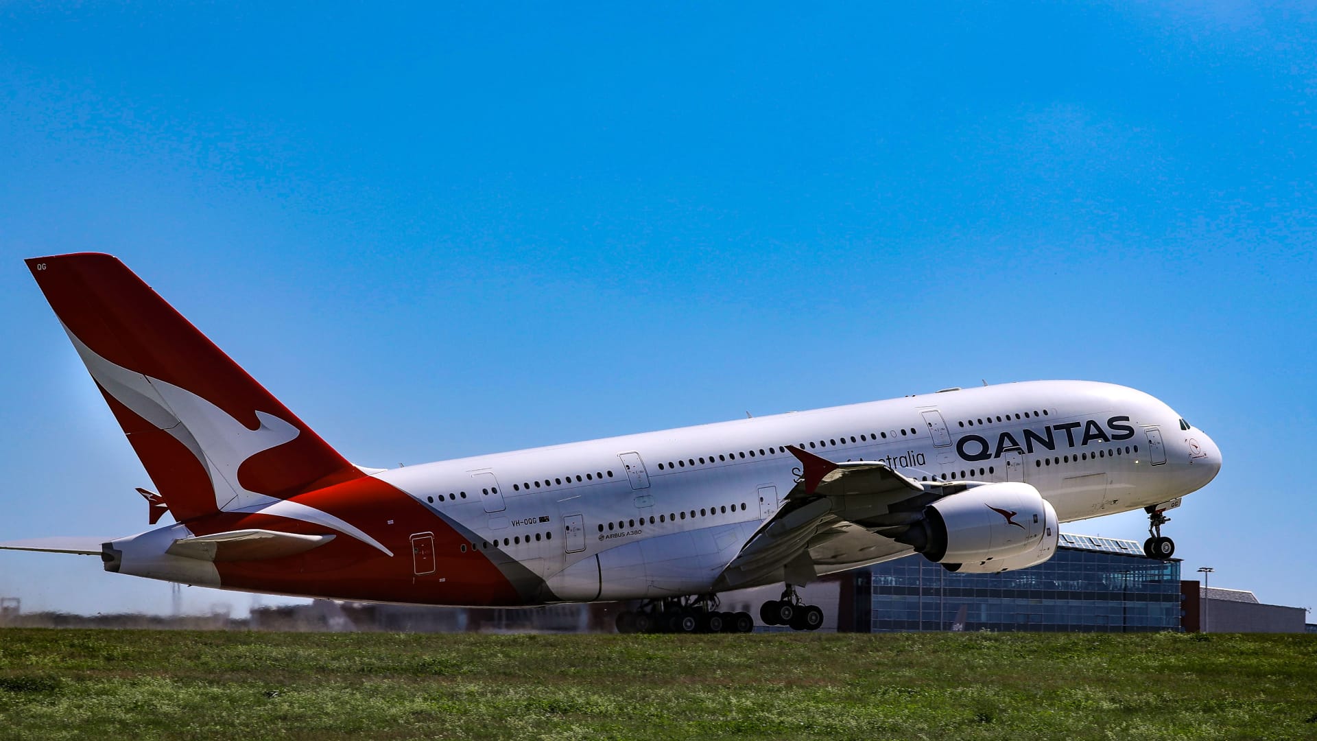 Qantas A380 taking off on runway in Saxony, Dresden on Aug. 21, 2020