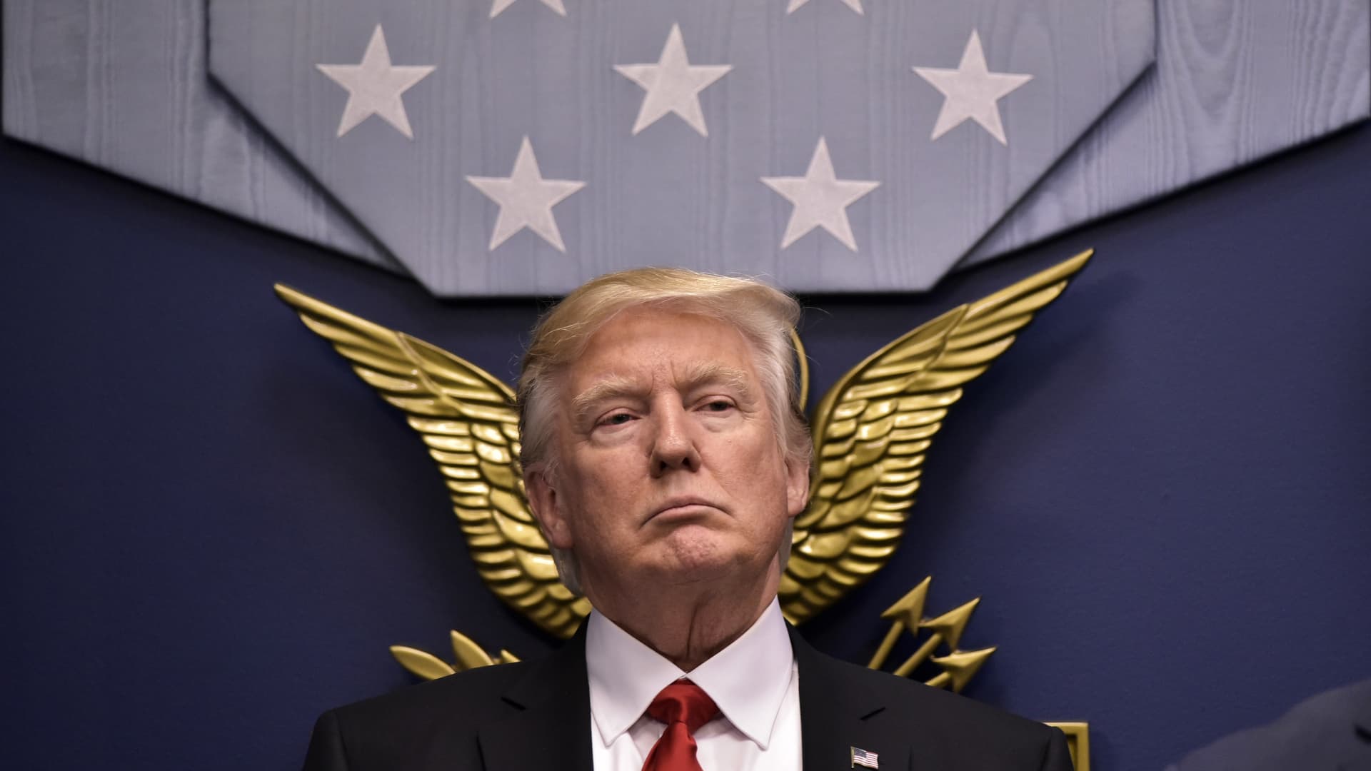 U.S. President Donald Trump speaks following the ceremonial swearing-in of James Mattis as secretary of defense on January 27, 2017, at the Pentagon in Washington, DC.
