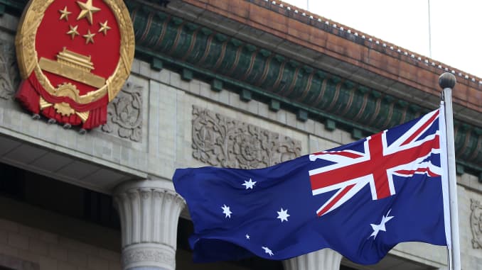 A general view of a Australian flag is seen outside the Great Hall of the People on April 9, 2013 in Beijing, China.