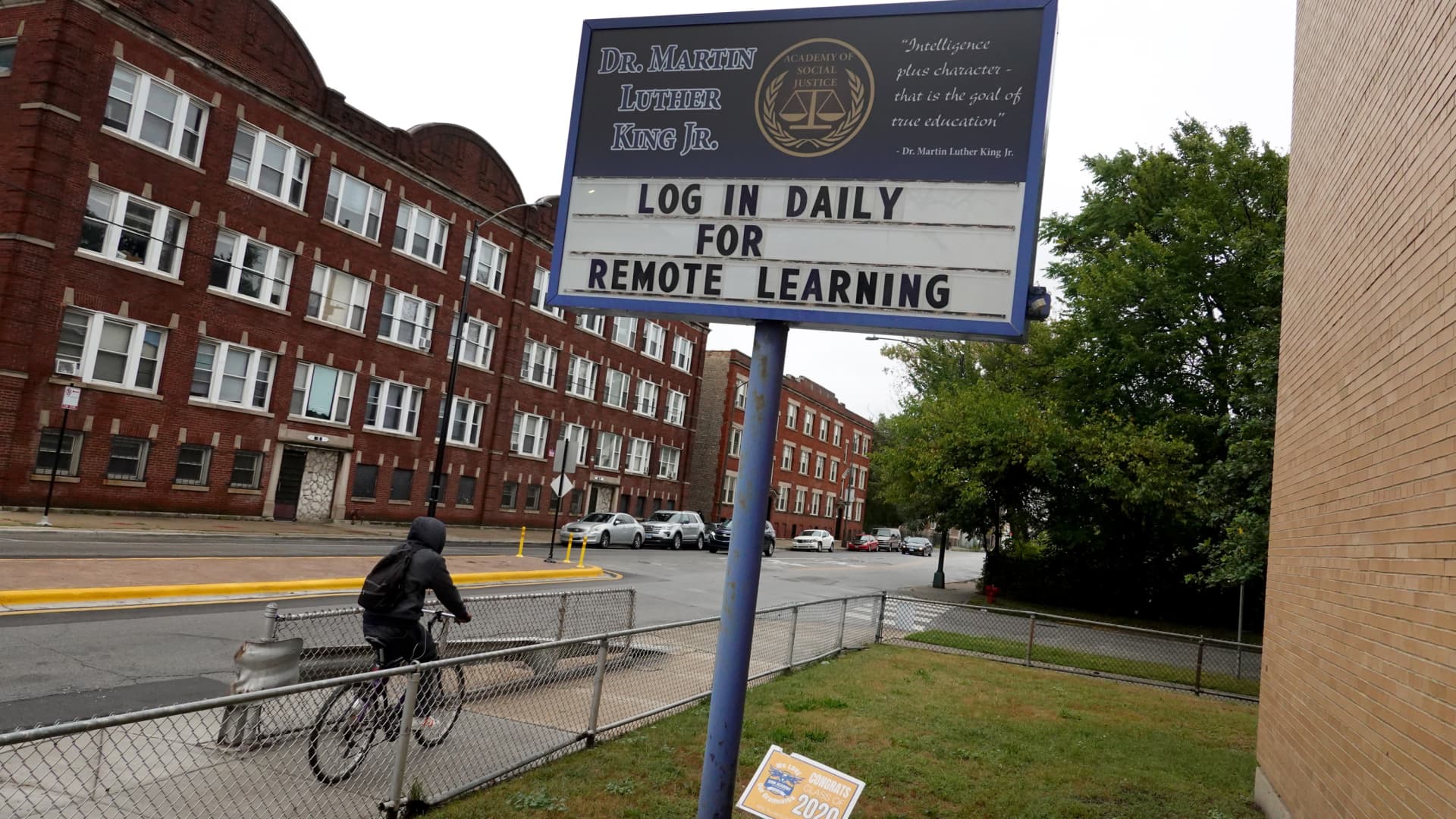 A sign in front of King Elementary School encourages students to participate in remote learning on September 08, 2020 in Chicago, Illinois.