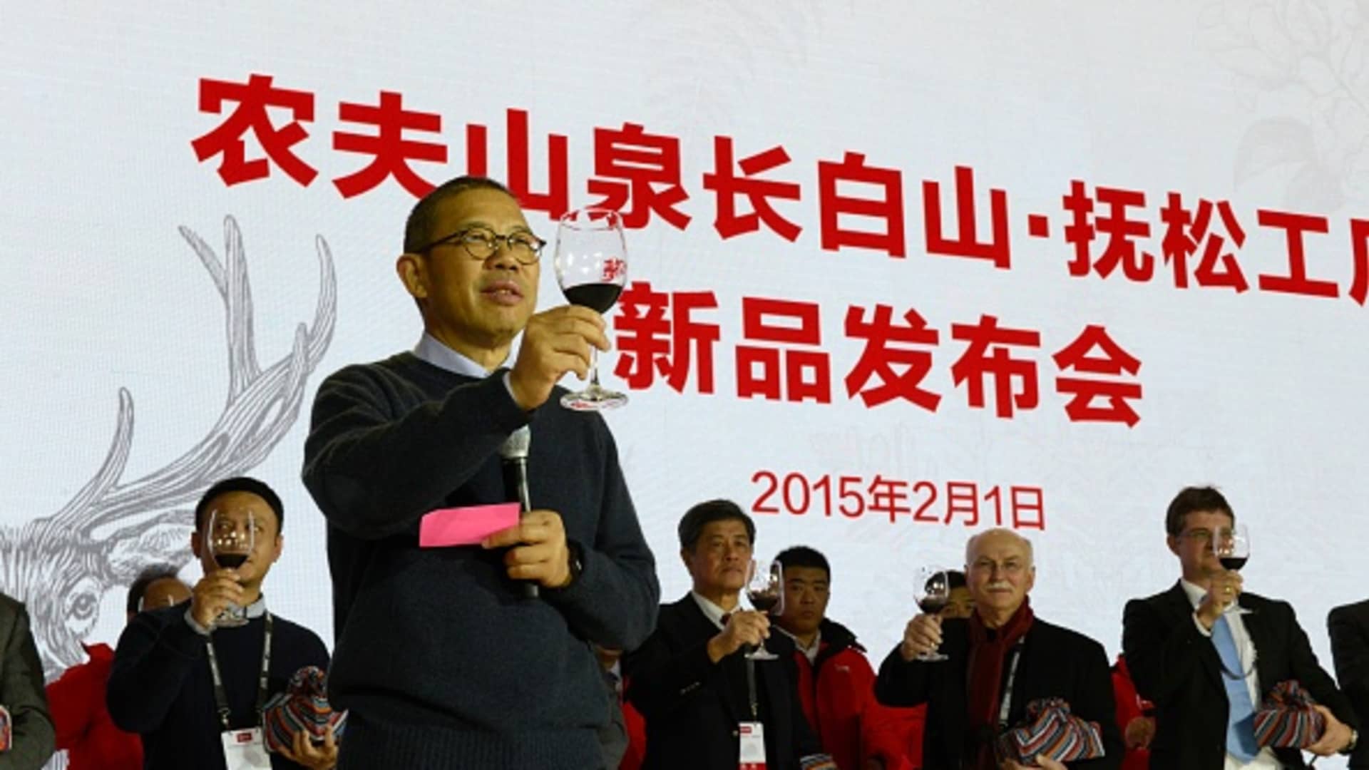 Zhong Shanshan, the chairman of Nongfu Spring Company, attends the Nongfu Spring new product launch conference on February 1, 2015 in Baishan, Jilin Province of China.