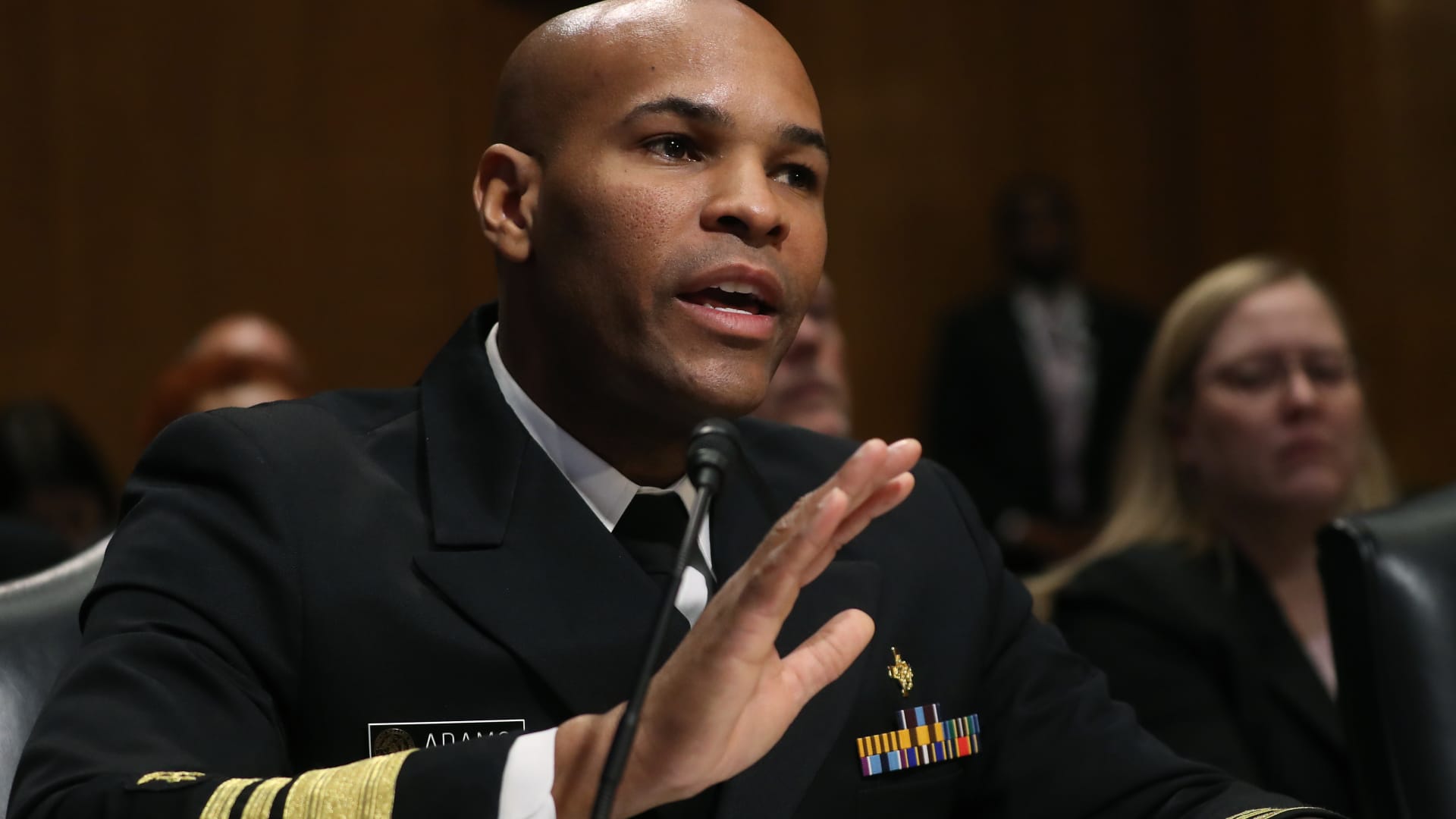 U.S. Surgeon General Jerome Adams testifies during a Senate Finance Committee committee hearing on Capitol Hill, October 24, 2019 in Washington, DC.