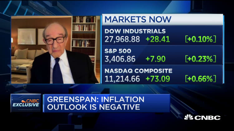 Former Fed chair Alan Greenspan says his biggest concern is inflation, even if it hasn't emerged yet