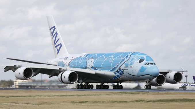 Japan's All Nippon Airways operates three "Flying Honu" Airbus A380 aircraft that are painted to resemble Hawaiian sea turtles, each with its own color and facial expression.