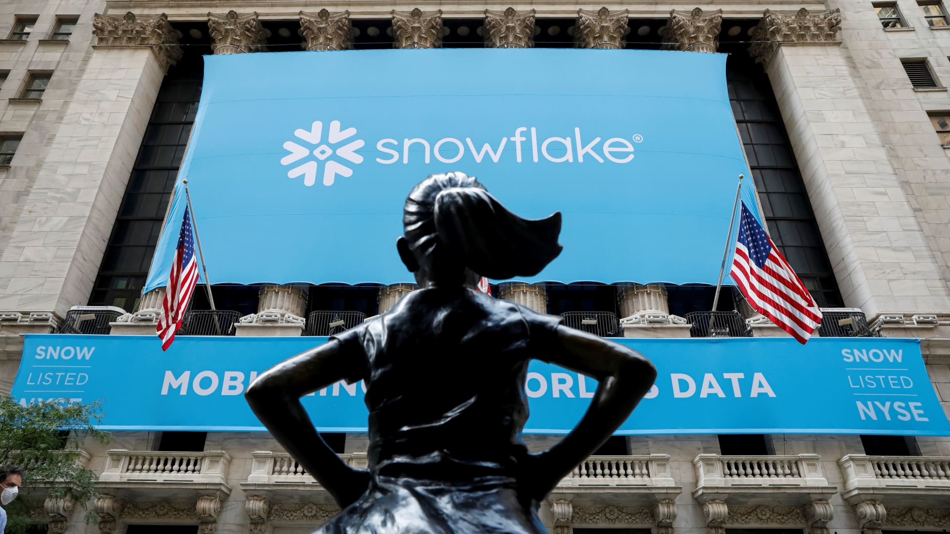 A banner for Snowflake Inc. is displayed celebrating the company's IPO at the New York Stock Exchange (NYSE) in New York, U.S., September 16, 2020.