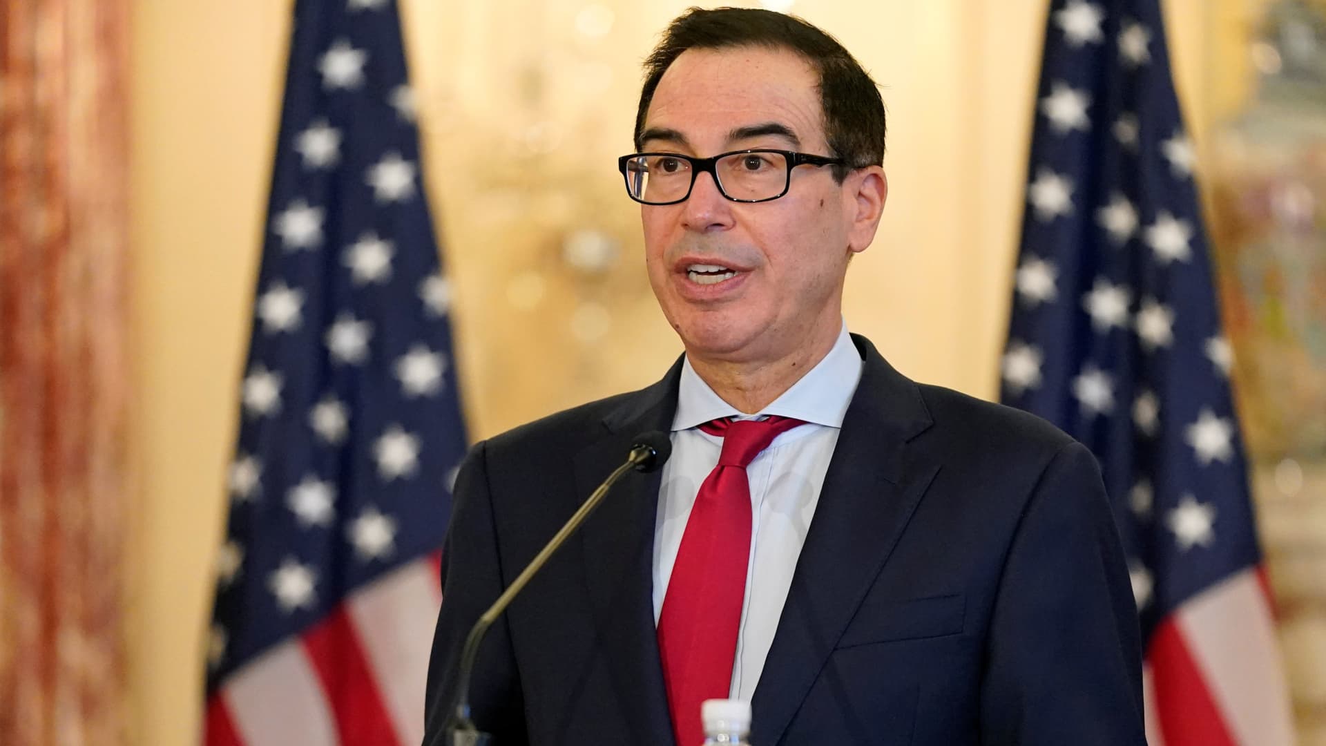 U.S. Treasury Secretary Steve Mnuchin speaks during a news conference to announce the Trump administration's restoration of sanctions on Iran, at the U.S. State Department in Washington, September 21, 2020.