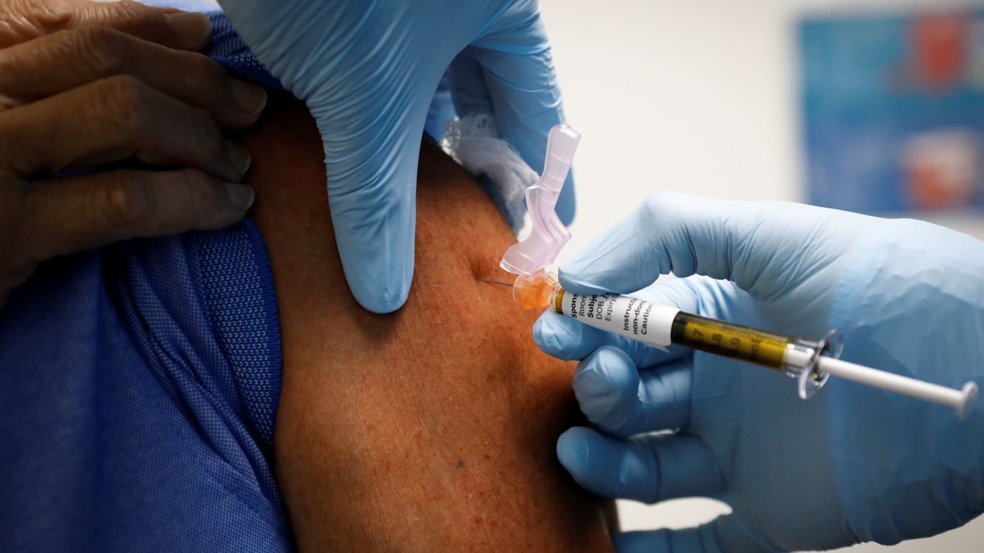 A volunteer is injected with a vaccine as he participates in a coronavirus disease (COVID-19) vaccination study at the Research Centers of America, in Hollywood, Florida, U.S., September 24, 2020.