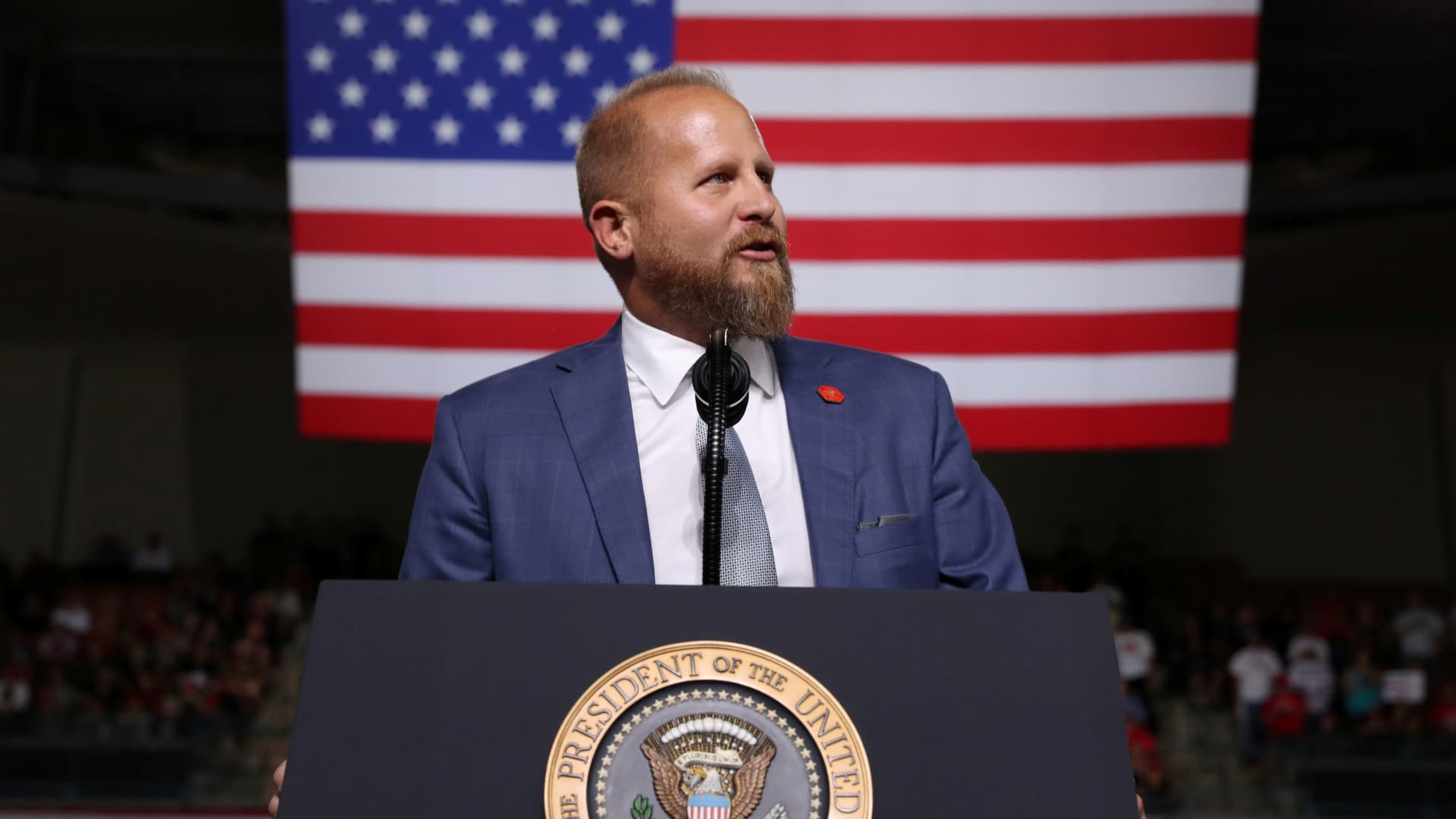 Trump 2020 campaign manager Brad Parscale addresses the crowd before U.S. President Donald Trump rallies with supporters in Manchester, New Hampshire, U.S. August 15, 2019.