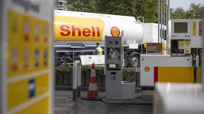 A Shell tanker truck delivers fuel to a gas station, operated by Royal Dutch Shell Plc., in Rotterdam, Netherlands.