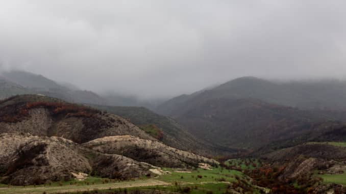A mountainous landscape of Nagorno Karabach (self proclaimed Republic of Artsakh) on October 10, 2019. The Republic is a subject of dispute between Azerbaijan and Armenians, it historically is occupied by Armenians but was included into Azerbaijan after the collapse of Soviet Union. Artsakh is today a de facto independent state but it is not recognised by any other party. It is possible to enter Artsakh only through Armenia.