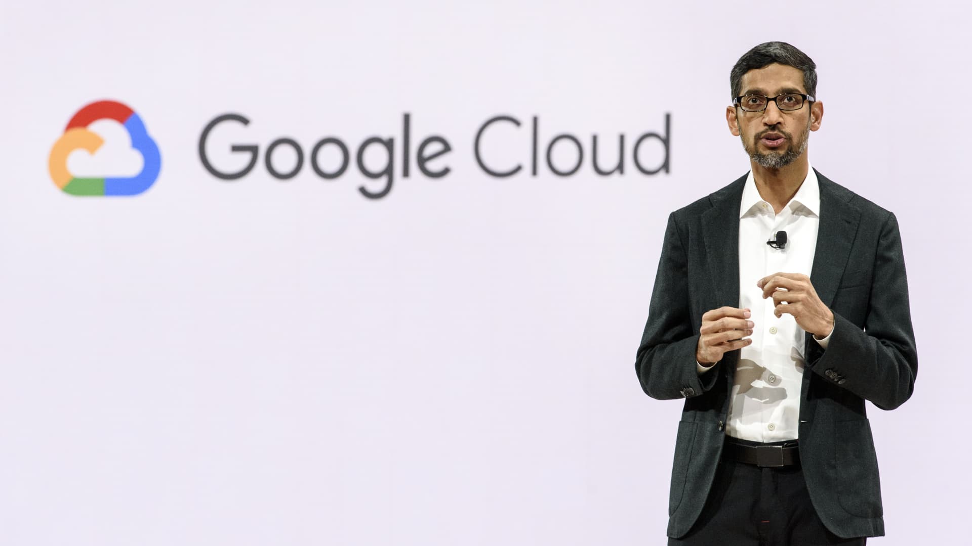 Sundar Pichai, chief executive officer at Google LLC, speaks during the Google Cloud Next '19 event in San Francisco, California, U.S., on Tuesday, April 9, 2019. The conference brings together industry experts to discuss the future of cloud computing.