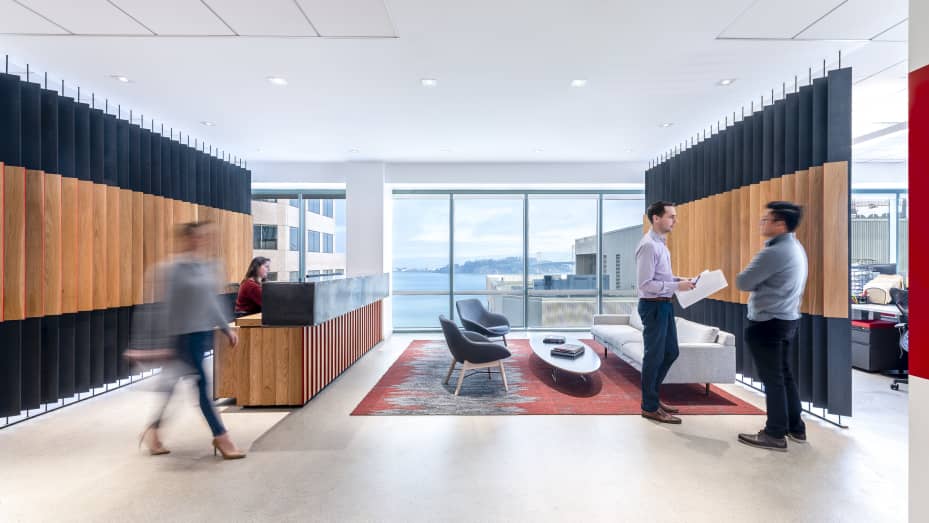 The San Francisco office of firm DCI Engineers incorporates sustainable and natural materials like cross-laminated timber and highlights the visual connection with the outdoors through curated view corridors out to the San Francisco Bay.