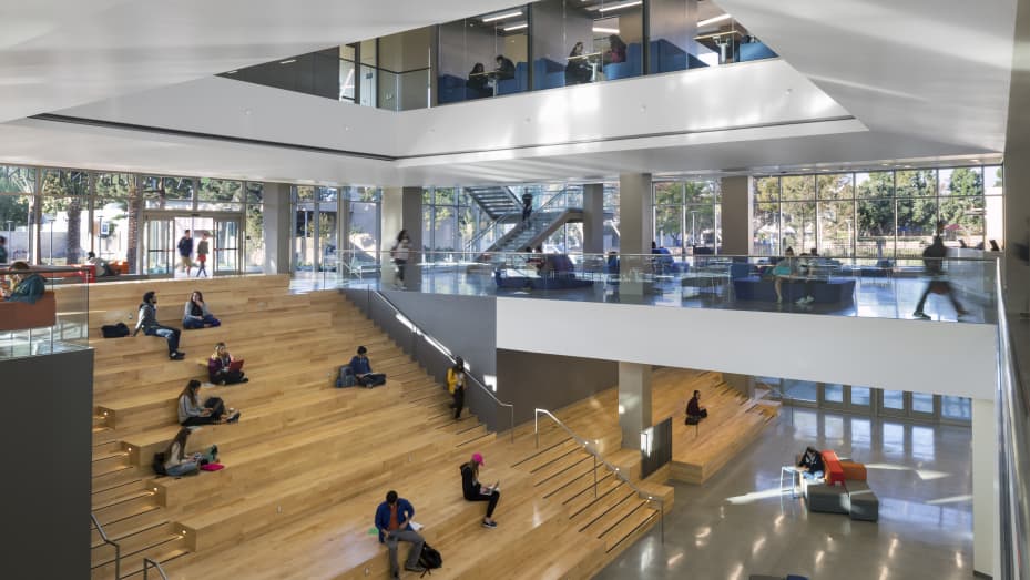 The Titan Student Union in the Cal State Fullerton campus has a central triple-height atrium nearly entirely daylit with skylights and other sustainable features including a cool roof, solar shading, daylight sensors and a HVAC system.