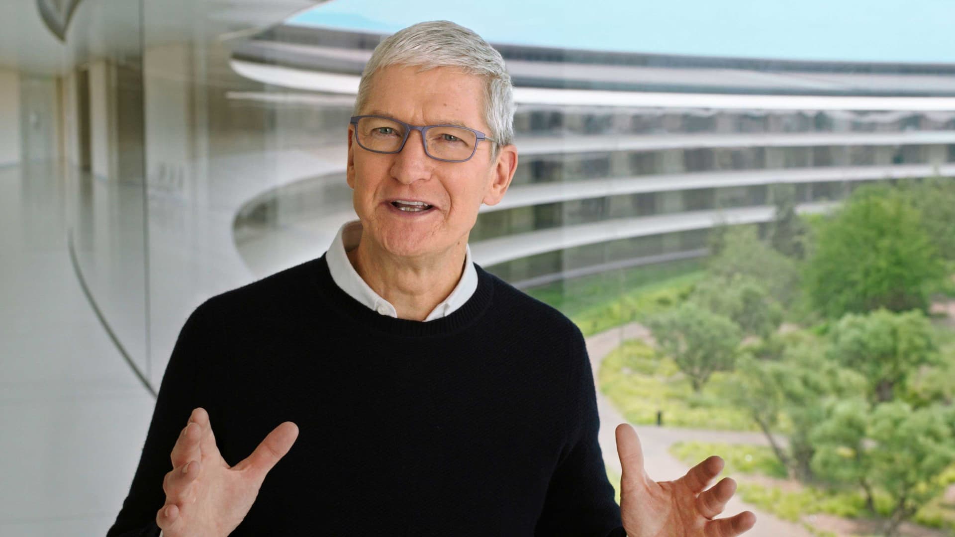 Apple CEO Tim Cook speaks during a special event at the company's headquarters of Apple Park in a still image from video taken in Cupertino, California, U.S. September 15, 2020.