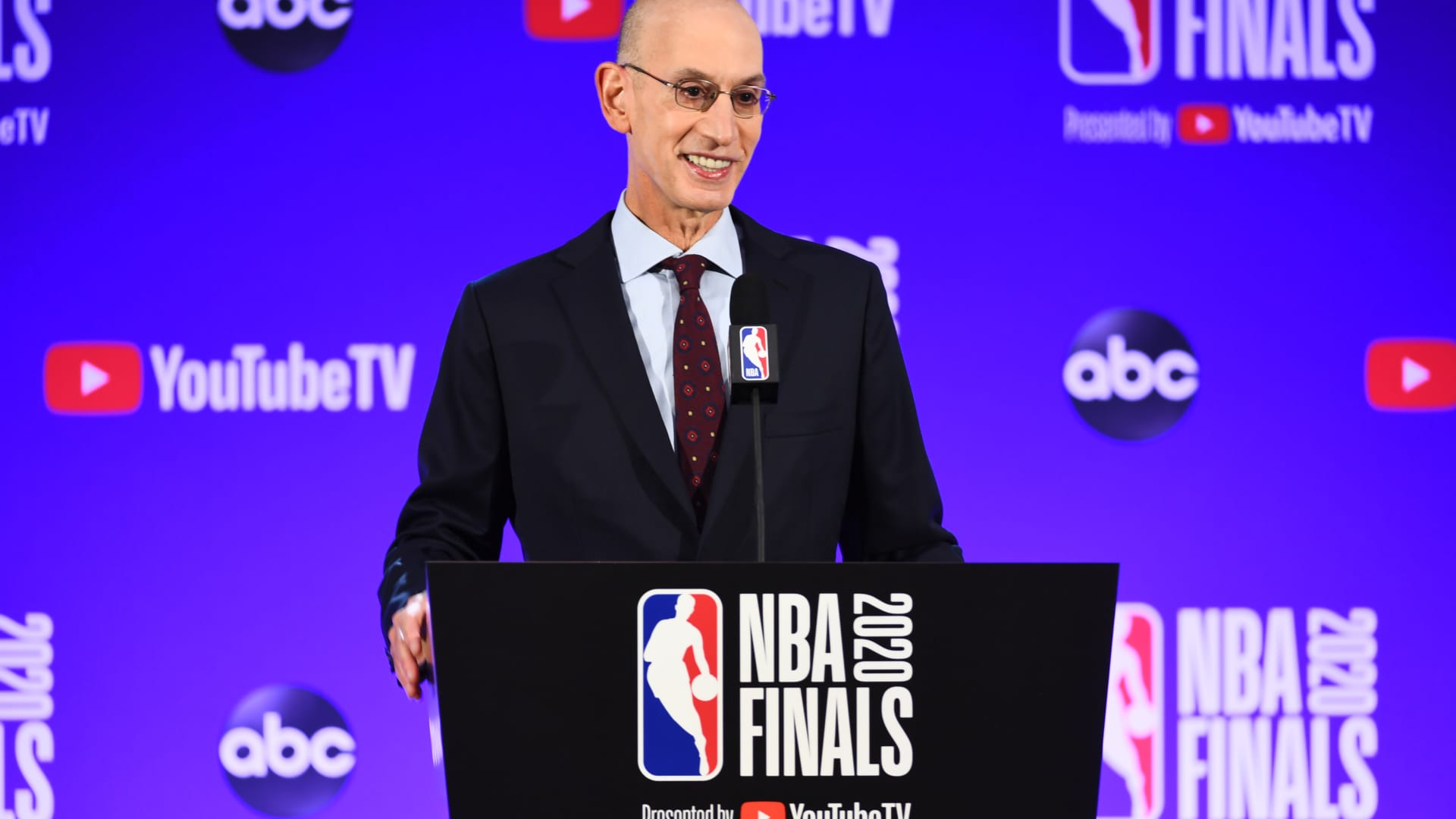NBA Commissioner Adam Silver addresses the media prior to the game of the Miami Heat against the Los Angeles Lakers in Game one of the 2020 NBA Finals as part of the NBA Restart 2020 on September 30, 2020 at AdventHealth Arena at ESPN Wide World of Sports Complex in Orlando, Florida.