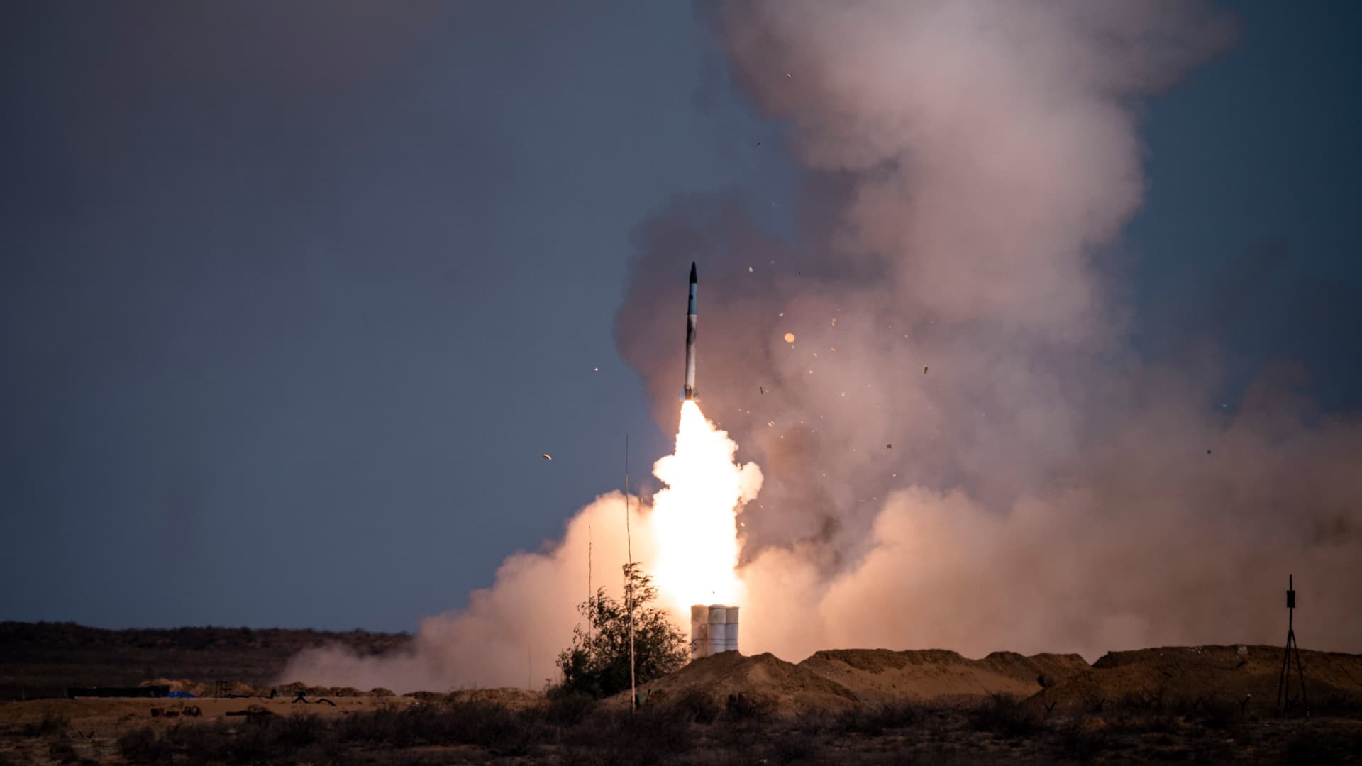 A rocket launches from an S-400 missile system at the Ashuluk military base in Southern Russia on Sept. 22, 2020.