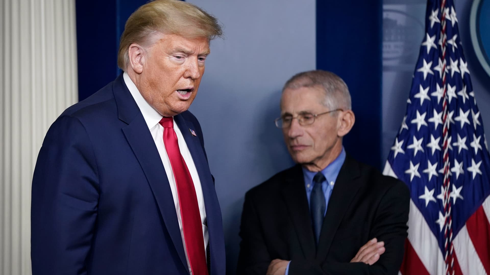 (L-R) U.S. President Donald Trump and National Institute of Allergy and Infectious Diseases Director Anthony Fauci arrive for a briefing on the coronavirus pandemic in the press briefing room of the White House on March 26, 2020 in Washington, DC.