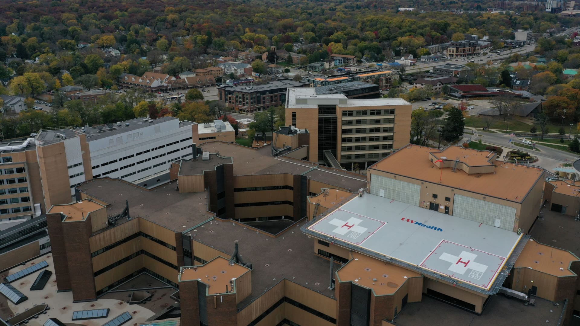 An aerial view of the UW Health University Hospital as the coronavirus disease (COVID-19) outbreak continues in Madison, Wisconsin, U.S., October 19, 2020.