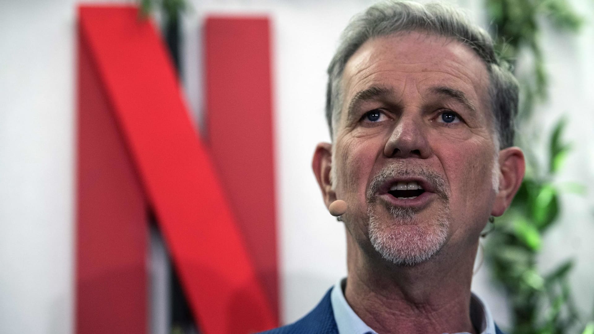 Co-founder and director of Netflix Reed Hastings delivers a speech as he inaugurates the new offices of Netflix France, in Paris on January 17, 2020.