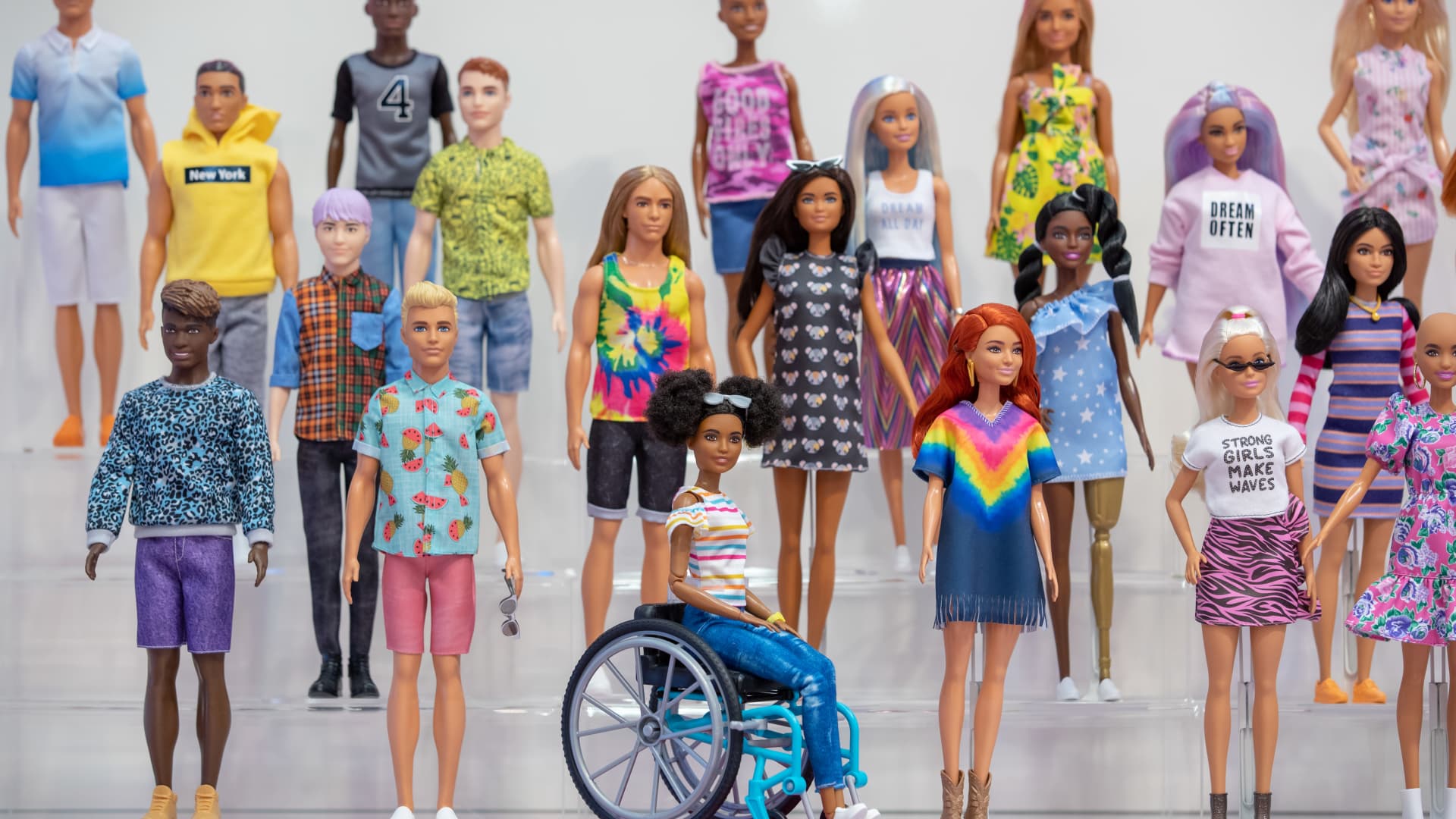 Barbie dolls from the Fashionistas line of the U.S. toy manufacturer Mattel are on display at the company's stand at the International Toy Fair, January 28, 2020 in Bavaria, Nuremberg. 2020.