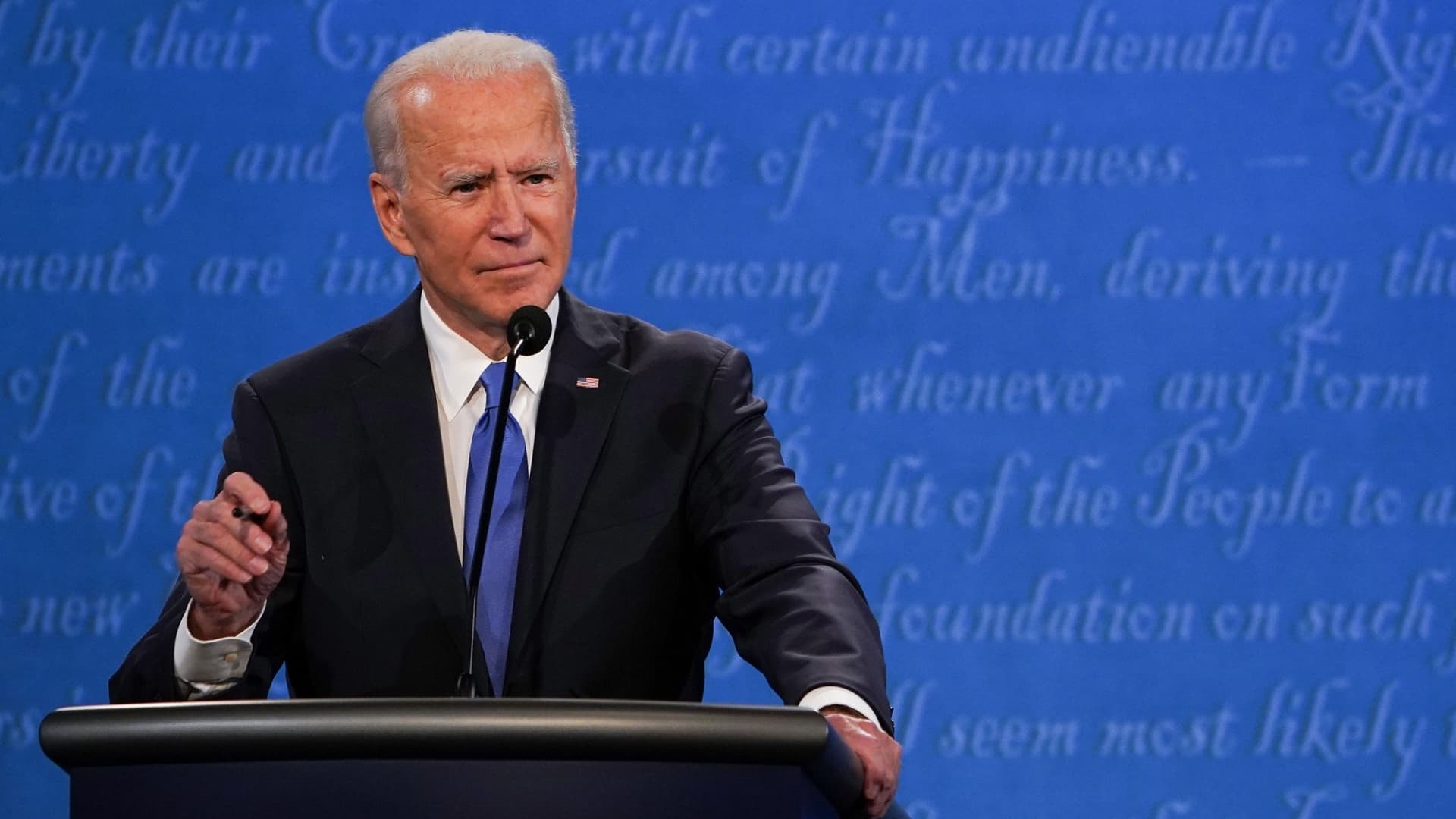 Democratic Presidential candidate and former US Vice President Joe Biden speaks during the final presidential debate at Belmont University in Nashville, Tennessee, on October 22, 2020.