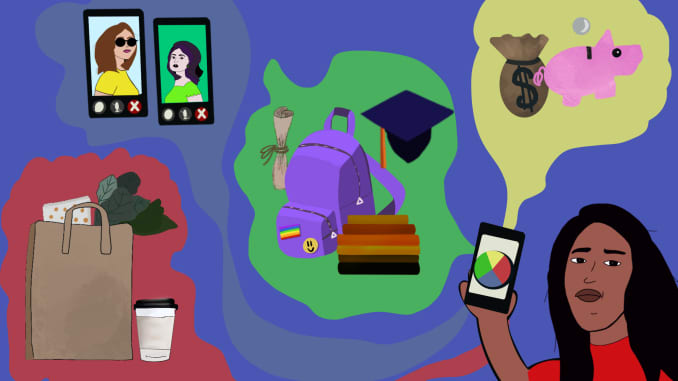 An illustration of a person in his 20′s holding a phone that displays her spending breakdown, including savings, college, shopping, and friends.