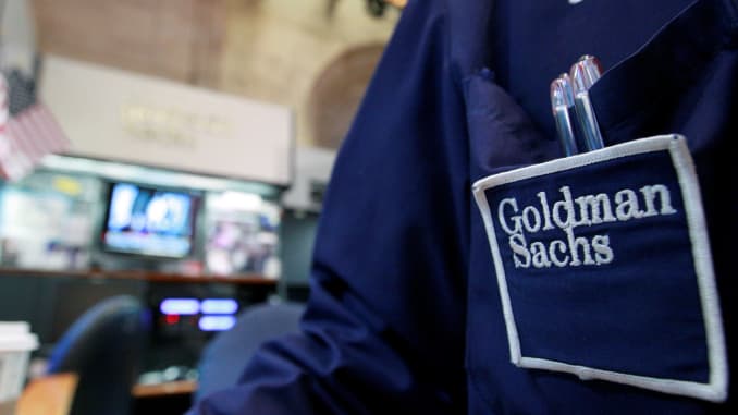 A trader works at the Goldman Sachs stall on the floor of the New York Stock Exchange.