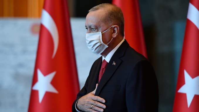 El presidente turco Tayyip Erdogan asiste a una ceremonia del Día de la República en el Palacio Presidencial en Ankara, Turquía, el 29 de octubre de 2020.