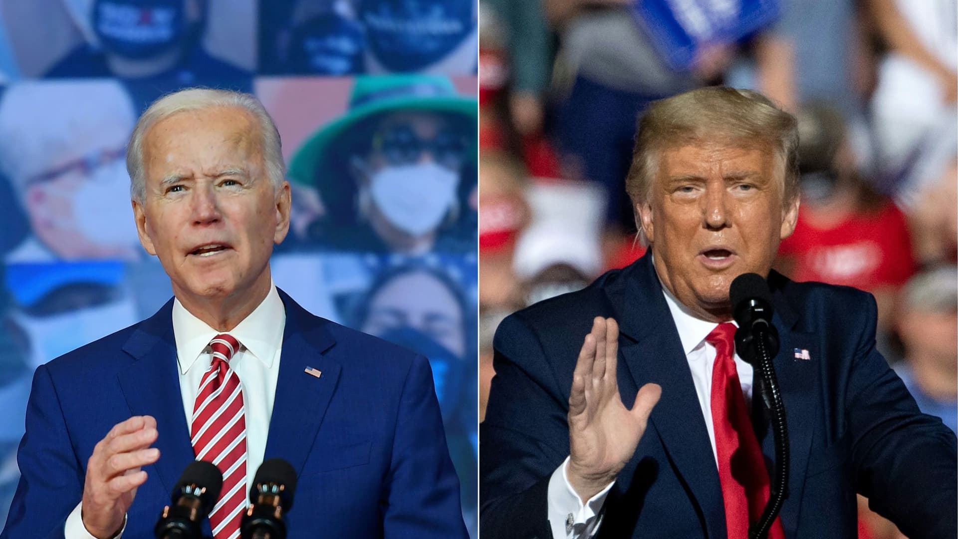 Democratic President-elect Joe Biden delivering remarks on Covid-19 at The Queen theater on Oct. 23, 2020 in Wilmington, Delaware and U.S. President Donald Trump addressing supporters during a Make America Great Again rally in Gastonia, North Carolina, Oct. 21, 2020.