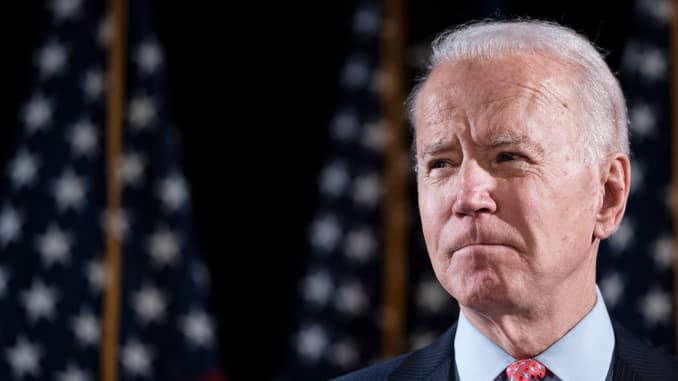 Democratic presidential candidate former Vice President Joe Biden delivers remarks about the coronavirus outbreak, at the Hotel Du Pont March 12, 2020 in Wilmington, Delaware.