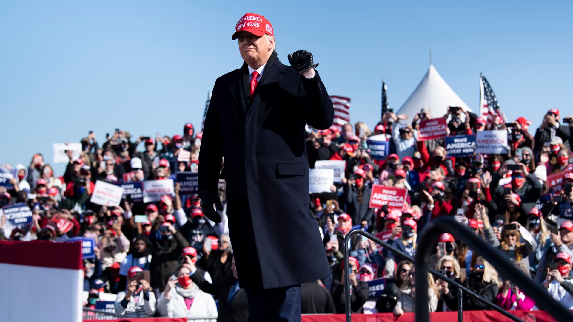 US President Donald Trump arrives for a Make America Great Again rally at Fayetteville Regional Airport November 2, 2020, in Fayetteville, North Carolina.