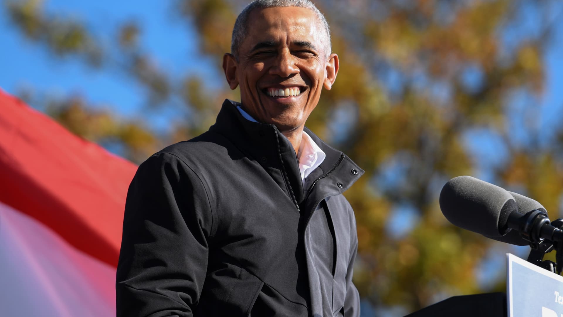 Former President Barack Obama addresses voters one day before the election, in Atlanta, Georgia, November 2, 2020.