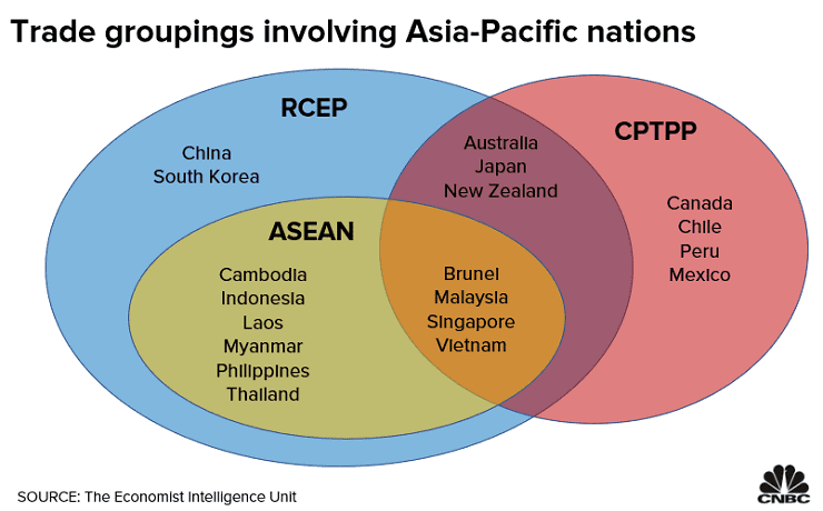 Chart shows how the countries that form major trade pacts RCEP, CPTPP and ASEAN