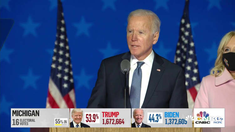 Joe Biden addresses supporters in Delaware as swing states continue to count ballots