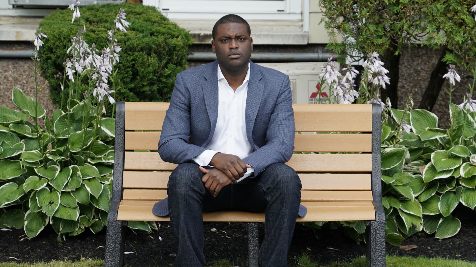 Mondaire Jones, the Democratic candidate for New York's 17th Congressional District, poses outside his home in Nyack, New York, July 23, 2020. - Jones, 33, has won the Democratic primaries in his district. If he wins the November 3rd election as anticipated, he will become the first Black, openly gay representative in US Congress, together with Ritchie Torres from the Bronx.
