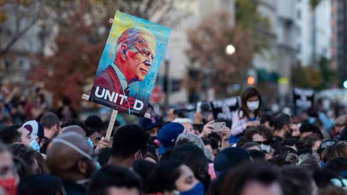 People celebrate at Black Lives Matter Plaza across from the White House in Washington, DC on November 7, 2020, after Joe Biden was declared the winner of the 2020 presidential election.