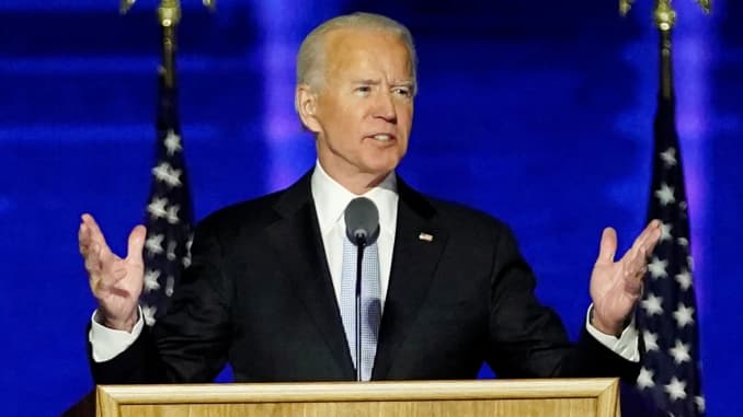 Democratic 2020 U.S. presidential nominee Joe Biden addresses supporters at an election rally, after news media announced that Biden has won the 2020 U.S. presidential election, in Wilmington, Delaware, U.S., November 7, 2020.