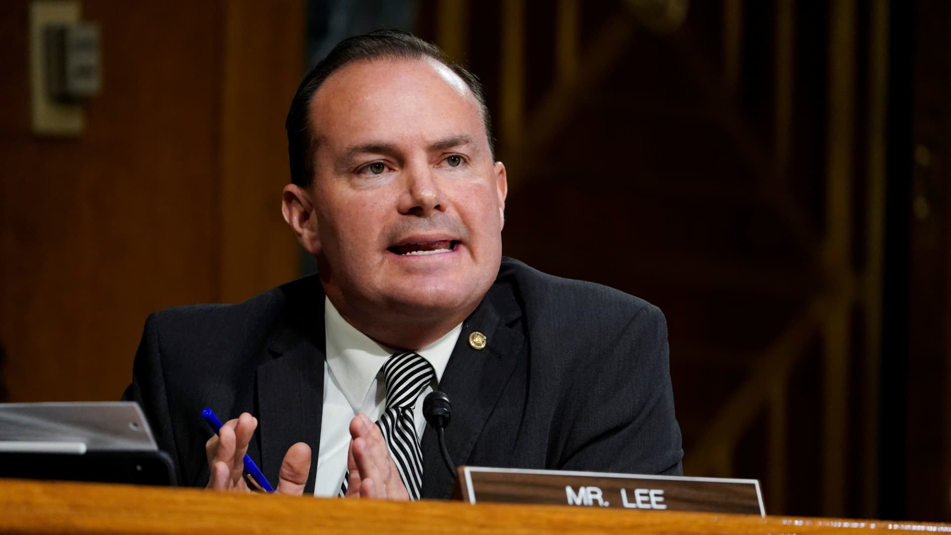 U.S. Sen. Mike Lee, R-Utah speaks during a Senate Judiciary Committee hearing on the FBI investigation into links between Donald Trump associates and Russian officials during the 2016 U.S. presidential election, on Capitol Hill in Washington, U.S., November 10, 2020.