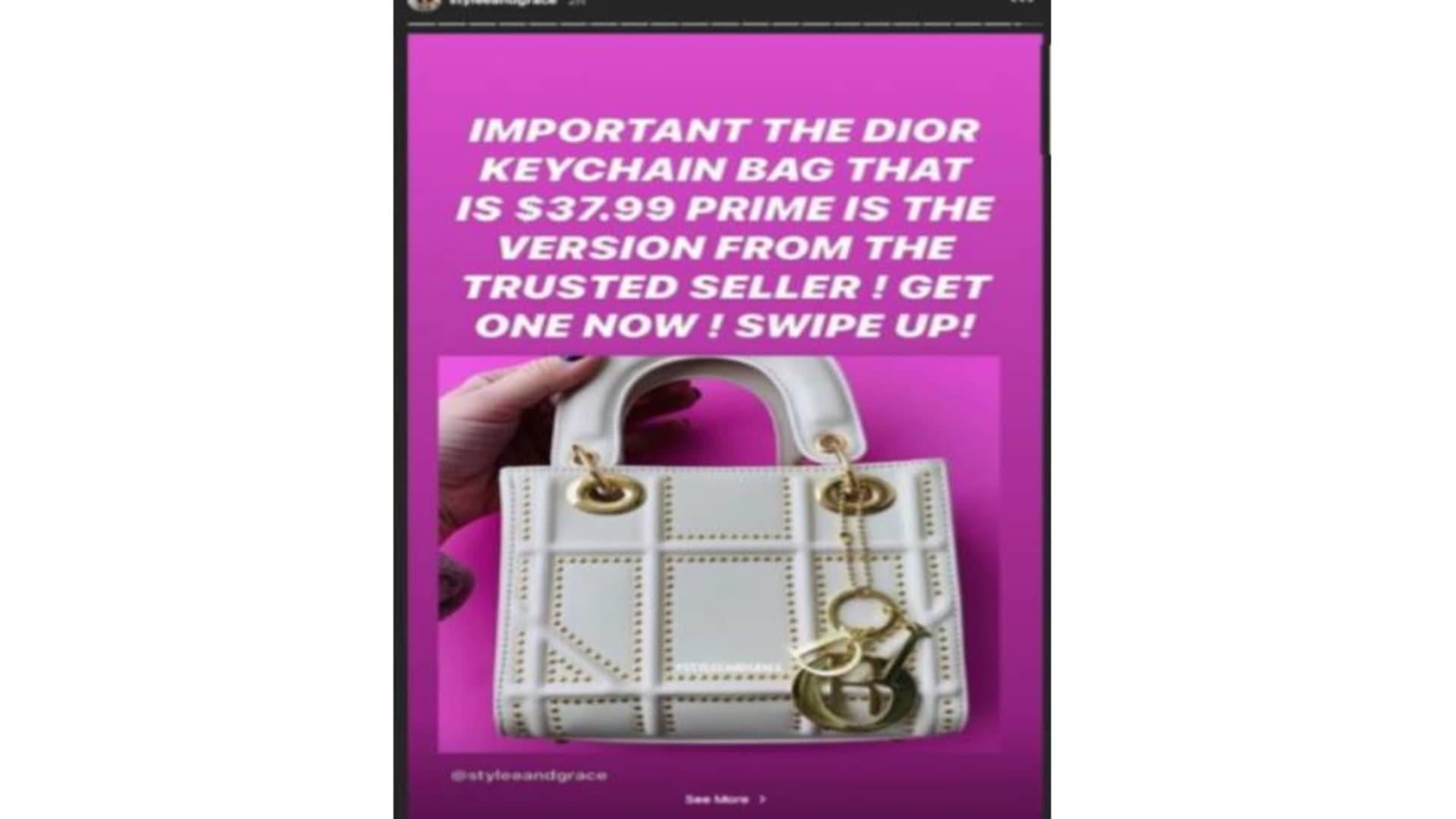 An example of one of Fitzpatrick's Instagram posts allegedly advertising a counterfeit Dior bag.