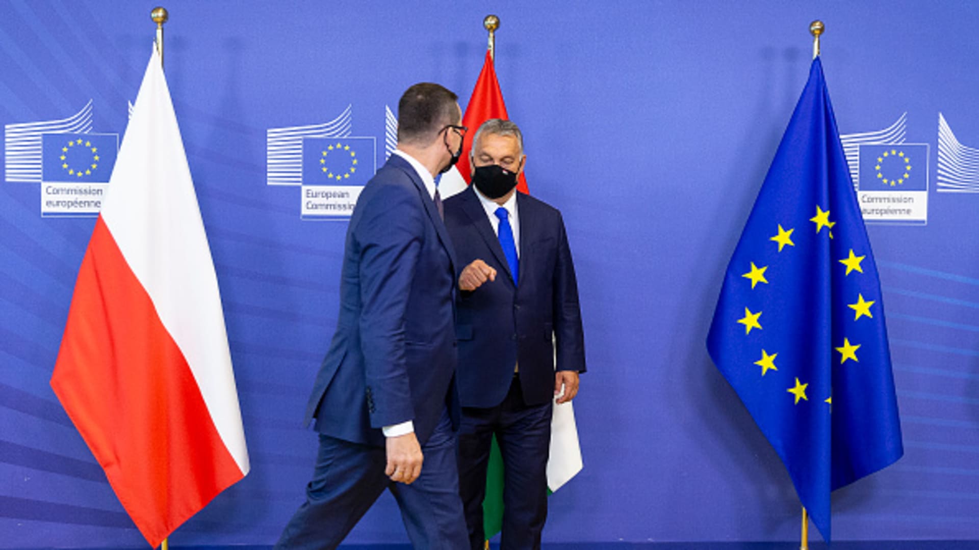 Polish Prime Minister Mateusz Morawiecki (L) and the Hungarian Prime Minister Viktor Mihaly Orban (R) attend a Visegrad Group meeting in the Berlaymont, the EU Commission headquarter on September 24, 2020, in Brussels, Belgium.
