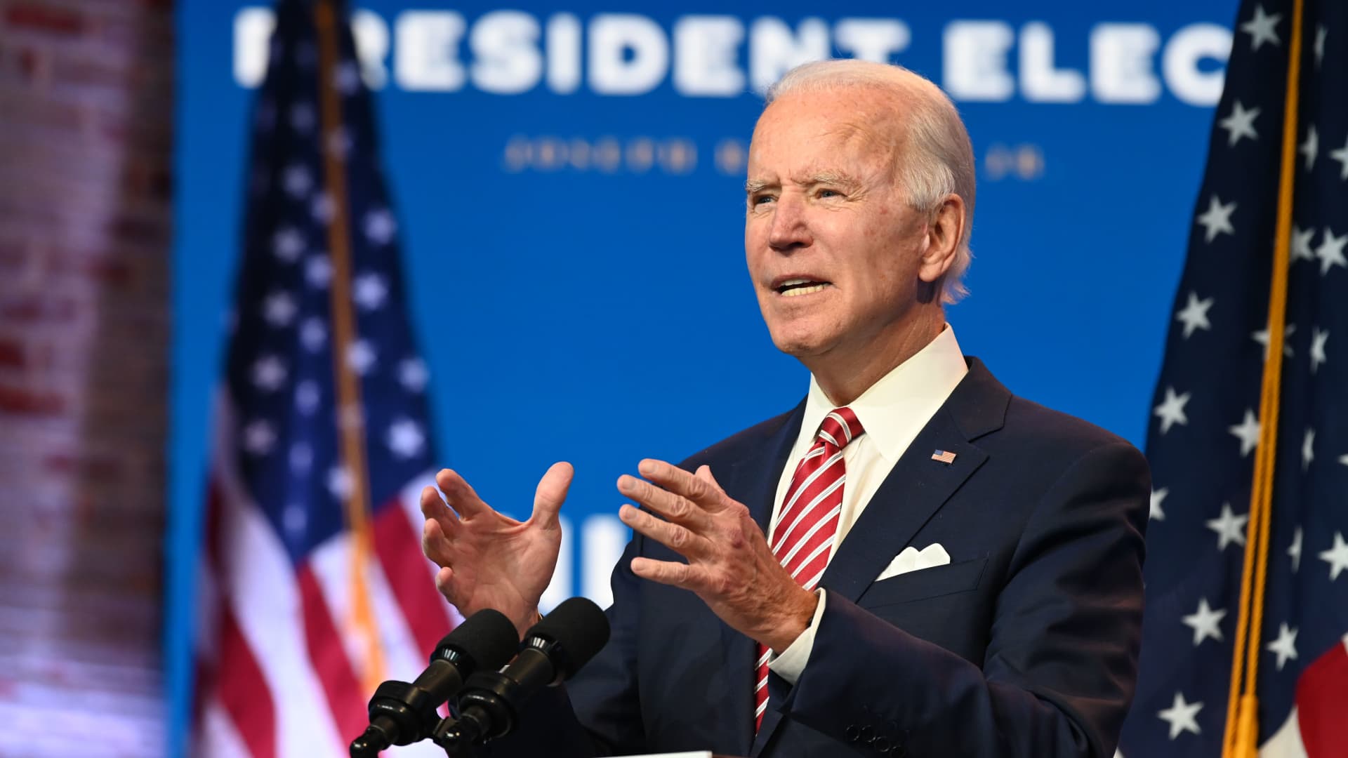 US President-elect Joe Biden speaks during a press conference at The Queen in Wilmington, Delaware on November 16, 2020.